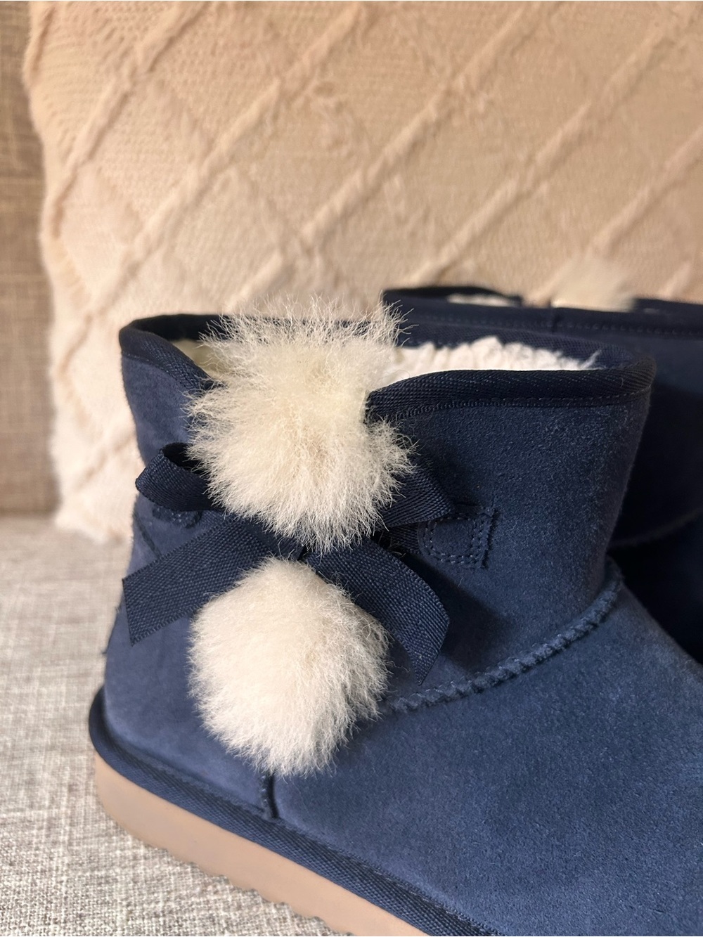 BearPaw Navy Suede Ankle Booties with White Pom Pom Trim